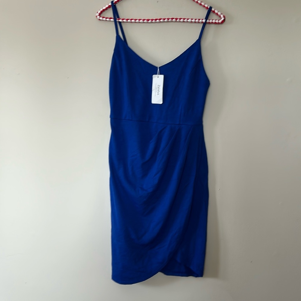 NWT Zalalus  blue dress wrap look skirt fitted bodice spaghetti straps size S